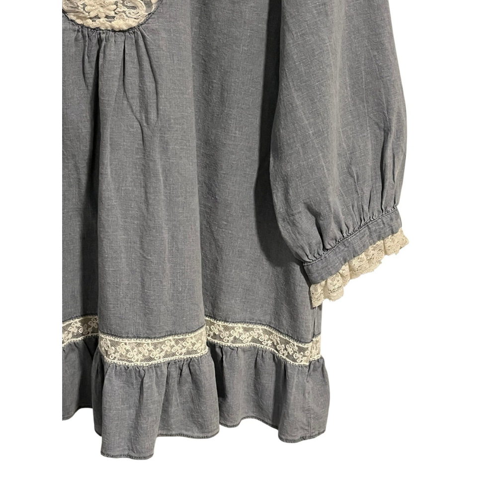 Comme Toi Anthropologie Peasant Blouse Large Blue Linen - Picture 5 of 8